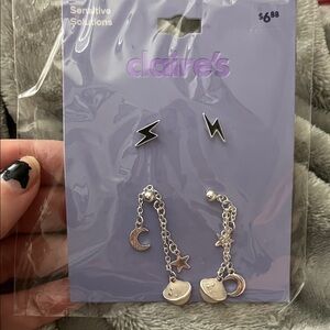 NWT Claire's Silver Lightning Bolt Earrings and dangle Charms